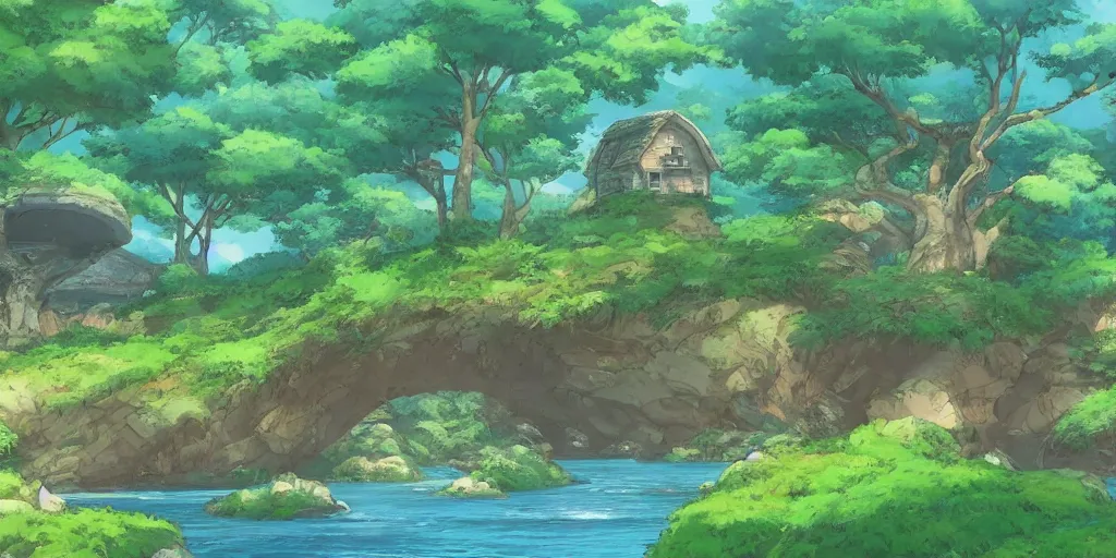 Image similar to a serene landscape with a singular house in giant tree ^ near a river with rocks, sunshine lightning, ghibli studio