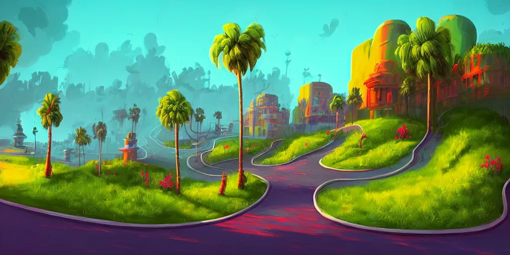 Prompt: curled perspective digital art of smoke clouds cobblestone street with wildflowers to a casino in top of a hill with curly palmtrees by anton fadeev from nightmare before christmas