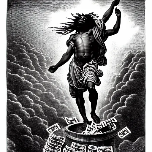 Image similar to black man with dreads ascending into heaven holding stacks of cash, biblical image, style of gustave dore, highly detailed, beautiful, high contrast, black and white