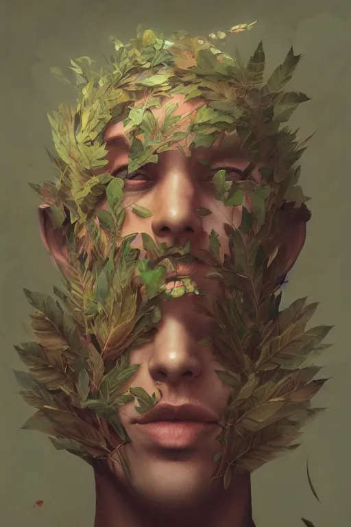 Image similar to portrait of a man made of a leaves, by artgerm, tom bagshaw, gerald brom, vaporwave colors, lo - fi colors, vaporwave, lo - fi, moody vibe, goth vibe, 4 k, hd,