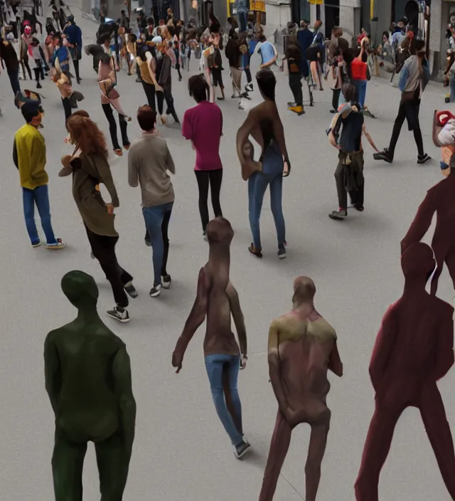 Prompt: crowds on the street have puppet's line on theirs bodies. concept art, unreal engine 5, maya