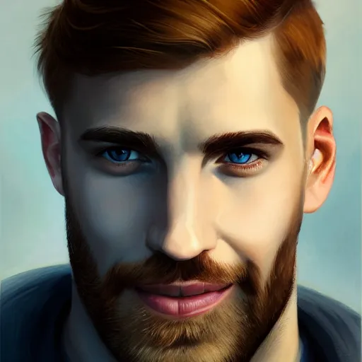 Prompt: tall chunky man in his twenties with brown blond short regular haircut and round facial structure with cleft chin, straight eyebrows, big grey blue eyes, grinning, cheekbones, straight nose, wider face, shadow of beard, atmospheric lighting, painted, intricate, 4 k, highly detailed by charlie bowater
