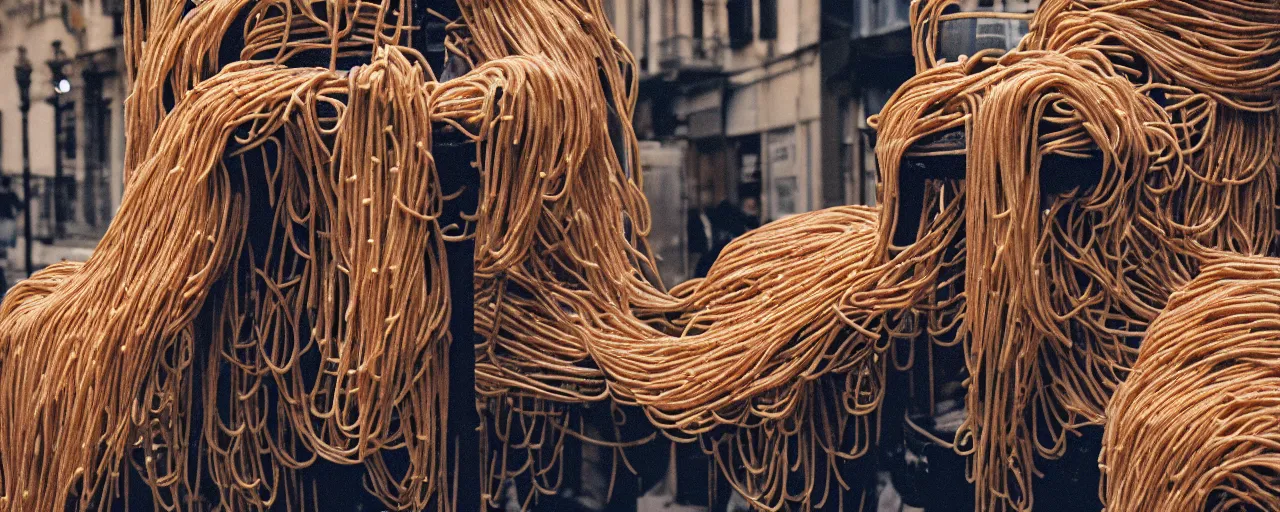 Image similar to a statue made of spaghetti in a busy parisian plaza, canon 5 0 mm, cinematic lighting, photography, retro, film, kodachrome, closeup