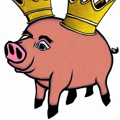 Image similar to pig wearing a gold crown on it's head illustration concept art in the style of Arthur Adams, full body 8k