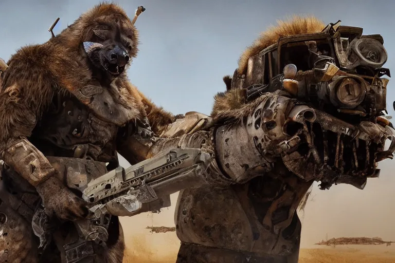 Image similar to a good ol'hyena fursona ( from the furry fandom ), heavily armed and armored facing down armageddon in a dark and gritty version from the makers of mad max : fury road. witness me.