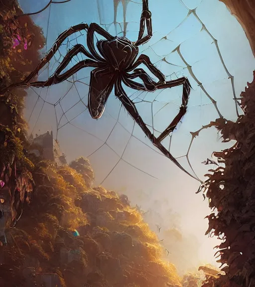 Image similar to highly detailed graffiti of spiderweb, stephen bliss, unreal engine, fantasy art by greg rutkowski, loish, rhads, ferdinand knab, makoto shinkai and lois van baarle, ilya kuvshinov, rossdraws, tom bagshaw, reflective global illumination, god rays, detailed and intricate environment