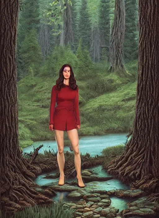 Image similar to portrait of jennifer connelly in searching in the woods standing before the mysterious small pond, twin peaks poster art, from scene from twin peaks, by michael whelan, artgerm, retro, nostalgic, old fashioned