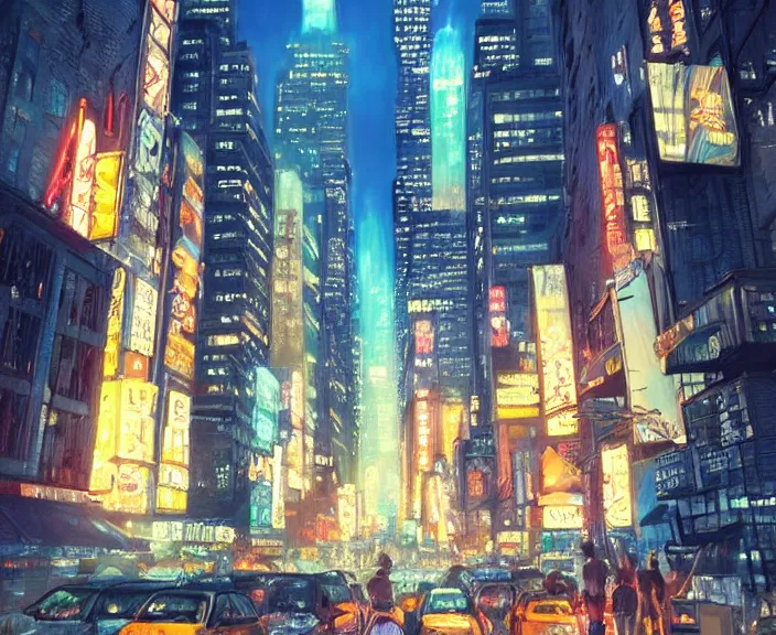 Image similar to New York city at night, peaceful and serene, incredible perspective, soft lighting, anime scenery by Makoto Shinkai and studio ghibli, very detailed