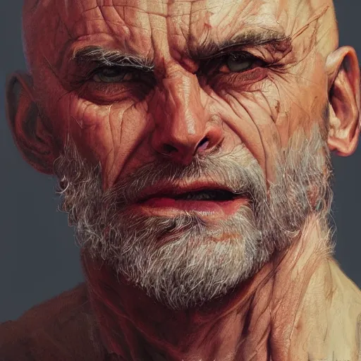 Image similar to angry bald old man portrait, beautiful face, highly detailed face, close-up, fantasy art, male art, in the style of greg rutkowski, illustration, epic, fantasy, intricate, hyper detailed, artstation, concept art, smooth, sharp focus, ray tracing