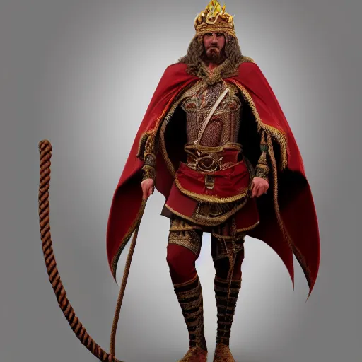 Prompt: full body painting of a highly detailed king in rope with cape, 8 k octane render, unreal engine, concept art, photorealistic