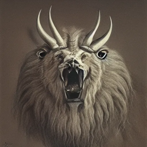Image similar to a creature with the body and eyes of a man, with the beak of an eagle, the mane of a lion, and the horns of an ox. drawn by zdzislaw beksinski