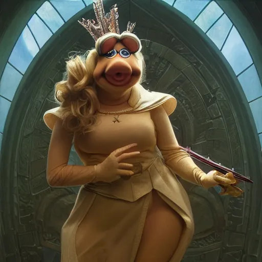 Image similar to Epic Masterpiece action shot of Miss Piggy as Trinity in The Matrix (1999) , drawn by Donato Giancola and Tom Bagshaw, Edmund Leighton, Alphonse Mucha, 4k, volumetric lighting, komorebi, trending on artstation, octane render, hyperrealistic