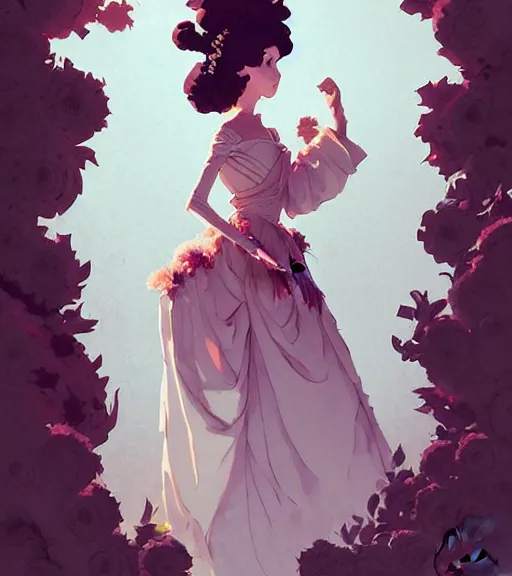 Image similar to portrait of a baroque dress design inspired by flower for fantasy world queen by atey ghailan, by greg rutkowski, by studio ghibli, by greg tocchini, by james gilleard, by joe fenton, by kaethe butcher, dynamic lighting, grunge aesthetic