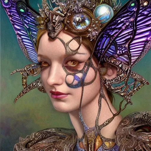 Prompt: beautiful closeup portrait of an art deco fairy queen, glowing eyes. reflective detailed textures, moth wings, highly detailed dark fantasy science fiction painting by donato giancola and peter mohrbacher and diego rivera, elaborate geometric ornament, ancient runes, silver and cool colors. artstation