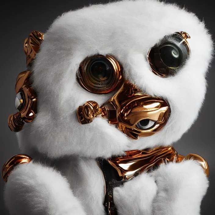 Image similar to plush ultra fluffy cyborg with huge cute eyes, photorealism, white detail plastic biomechanical with gold, copper, bronze, chrome by lee jeffries, erik johansson, supersampled, 8 k, beautify