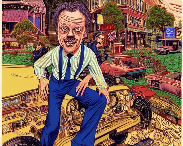 Image similar to steve buscemi tripping on main street, cosmic horror painting, elegant intricate digital painting artstation concept art by basil wolverton by robert crumb by william eggleston detailed