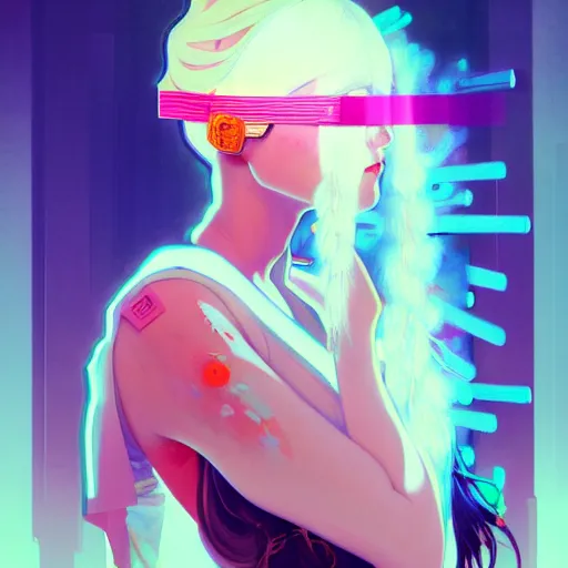 Prompt: a beautiful painting of a white hair cyberpunk blindfolded girl by sachin teng and pascal blanche and alphonse mucha and ruan jia and josan gonzalez. in style of conceptual art. colorful comic, film noirs, akira, brush stroke, vibrating colors, hyper detailed. octane render. trending on artstation