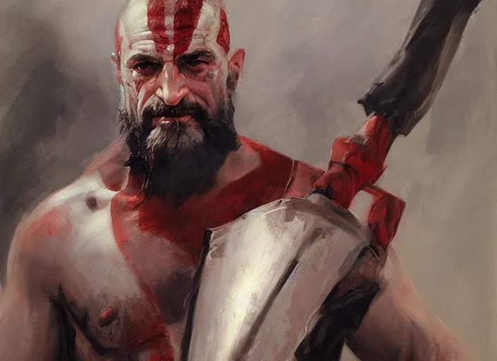 Prompt: a highly detailed beautiful portrait of robert deniro as kratos, by gregory manchess, james gurney, james jean