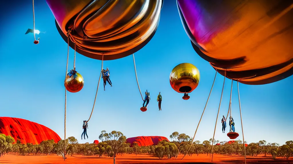 Image similar to large colorful futuristic space age metallic steampunk balloons with pipework and electrical wiring around the outside, and people on rope swings underneath, flying high over the beautiful ayers rock in australia city landscape, professional photography, 8 0 mm telephoto lens, realistic, detailed, photorealistic, photojournalism