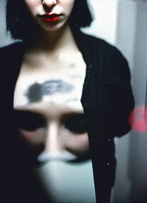 Image similar to cinestill 5 0 d candid photographic portrait by stanley kubrick of a beautiful mixed feminine man wearing black techwear and light makeup looking in a broken bathroom mirror, rundown new york apartment, medium closeup, retrofuturism grunge cyberpunk lights shadows refraction, 3 5 mm, f / 3 2, 4 k, 8 k, hd, high resolution, ultra realistic faces, intricate detail