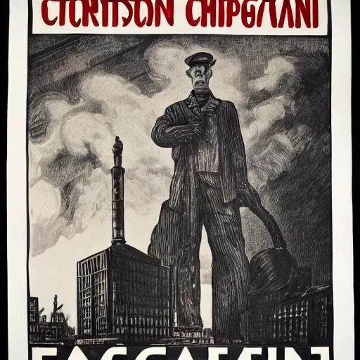 Prompt: 1 9 0 8 capitalism propaganda poster, black and white engraving on antique yellowed paper, with red ink used for emphasis, eastern european look, serious face of leader in the middle of poster, with intricate imagery of buildings and factories and laborers in the background