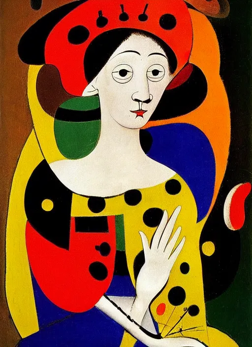 Image similar to portrait of young woman in renaissance dress and renaissance headdress, art by joan miro