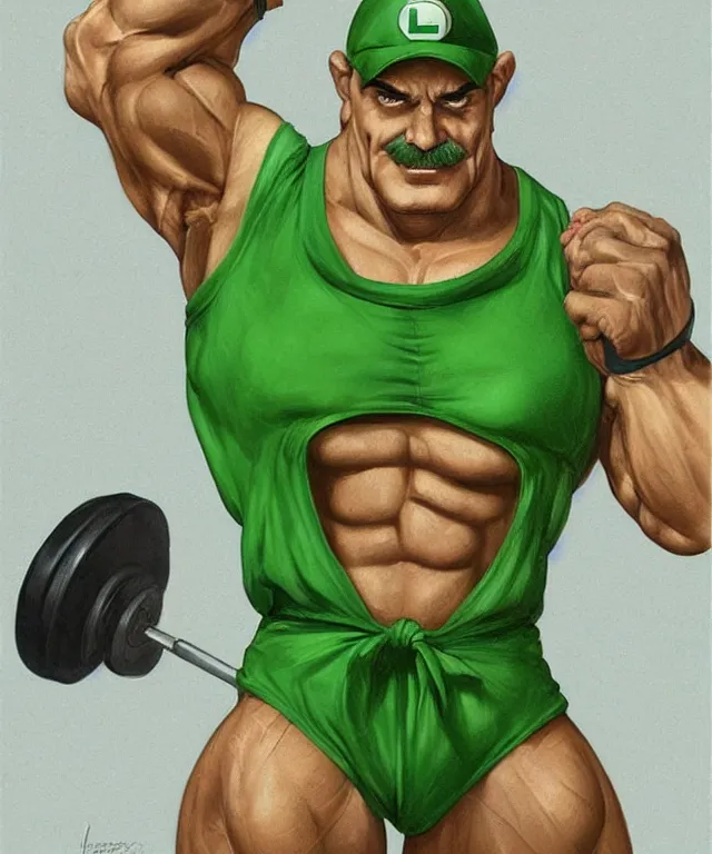 Image similar to muscular luigi wearing a green jumpsuit pumping iron in a dingy gym by ilya kuvshinov, bodybuilder ernest khalimov, super mario bros symmetrical face concept art, hyper realistic, intricate, elegent, highly detailed, digital painting, concept art, smooth, sharp, focus, illustration, art by artgerm and greg rutkowski and alphonse mucha, artstation