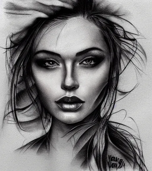 Image similar to tattoo design sketch of a beautiful woman face with a faded background of beautiful mountains and nature on her side, hyper - realistic, in the style of den yakovlev, amazing detail, black and white