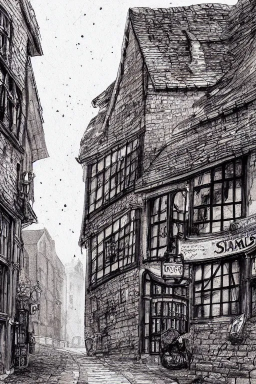 Image similar to a beautiful pen and wash sketch of the shambles and little shambles york, 8 k, frostbite 3 engine, cryengine, dof, trending on artstation, digital art, crepuscular ray,