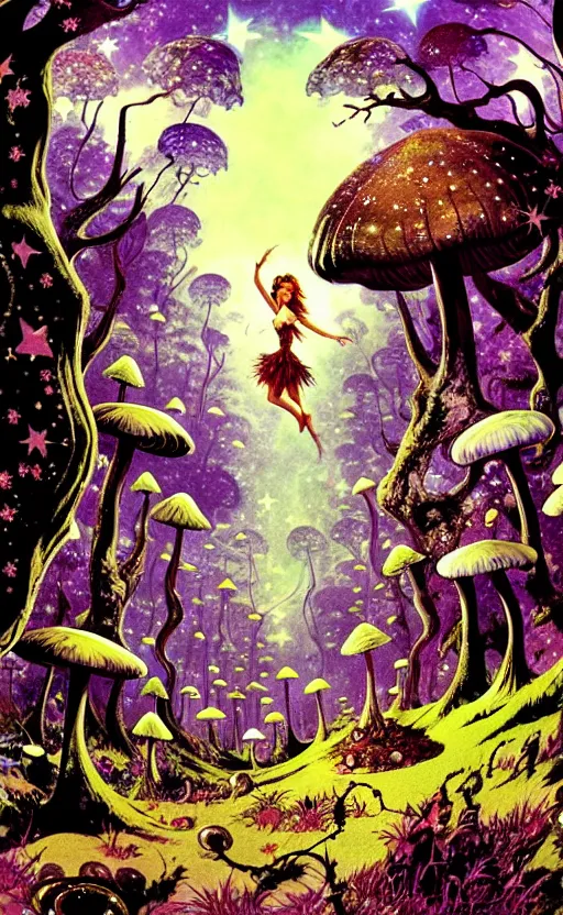 Prompt: stars in the sky, fairies with detailed faces, enchanted forest, mushrooms on the ground, psychedelic, wide angle shot, white background, vector art, illustration by frank frazetta