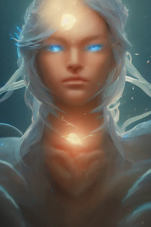 Image similar to a fancy close up portrait of a beautiful light mage in lightblue aura by Greg Rutkowski, Sung Choi, Mitchell Mohrhauser, Maciej Kuciara, Johnson Ting, Maxim Verehin, Peter Konig, final fantasy , mythical, 8k photorealistic, cinematic lighting, HD, high details, atmospheric,