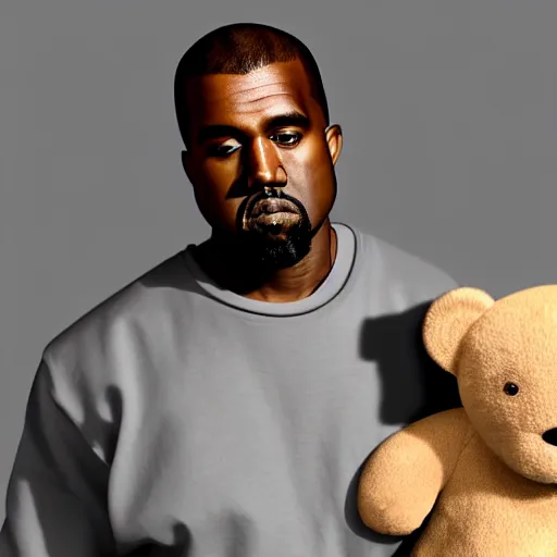 Image similar to 3d render of Kanye West holding a light-brown teddy bear in his arms, highly detailed, HD, 4k, 8k, Canon 300mm, professional, 40mp