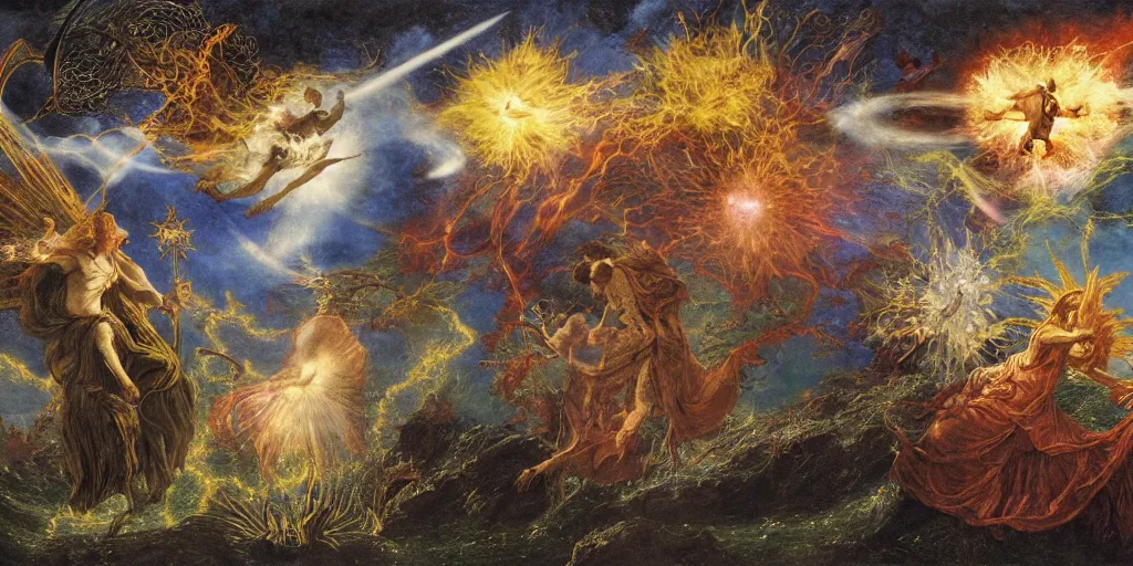 Prompt: magical tarot cards floating in the midst of magical explosions, intricate details, epic scale, 8 k, sharp focus, by caspar friedrich, albert bierstadt, james gurney, brian froud,