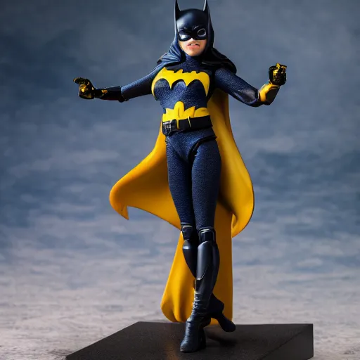 Image similar to high resolution photo of batgirl as an action figure on a pedestal posed in an action pose.