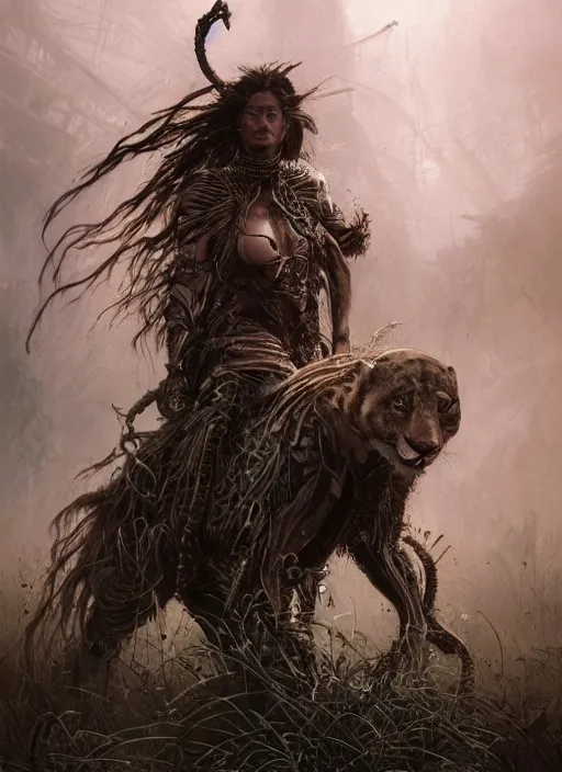 Prompt: a portrait of a very beautiful cute tribal woman riding a mutated jaguar, post apocalyptic city overgrown with lush vegetation, by Luis Royo, by Greg Rutkowski, dark, gritty, intricate, backlit, strong rimlight, cover illustration, concept art, volumetric lighting, volumetric atmosphere, sharp focus, octane render, trending on artstation, 8k