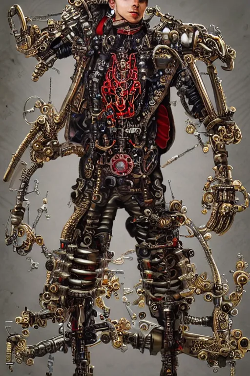 Image similar to full body portrait of a steampunk sci-fi cyborg pirate bionic man, third person, D&D, sci-fi fantasy, cogs and springs and jewels, intricate, gold with black and red fringe highlights, highly detailed, art by Range Murata, highly detailed, 3d, octane render, bright colors, digital painting, trending on artstation, sharp focus, illustration style of Stanley Artgerm, dramatic background in a cinematic style