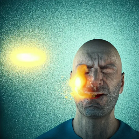 Image similar to a dad sneezing so loudly that he dies in the explosion, octane render dynamic lighting