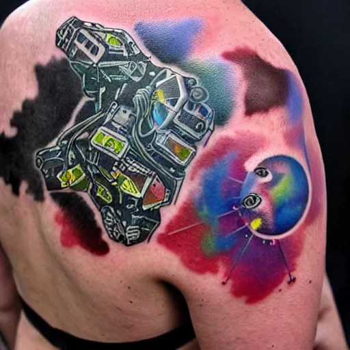 Image similar to backside on the shoulders is a tattoo of a 3 d hole in the skin with soft multicolored 3 d robotic mechanics and glowing computerparts and cables inside under the skin, insanely integrate,