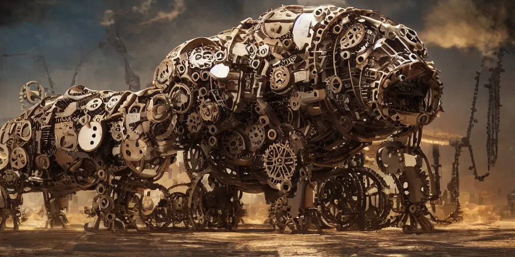 Prompt: a photo of a giant mechanical pig with gears and pistons, steam and wires, robot pig the size of a small building, in the style of a blockbuster film