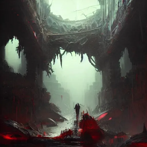 Image similar to concept art by greg rutkowski, a tripod hideous monster made of twisted flesh and reddish ooze, claustrophobic and futuristic, brutalistic environment, scifi, detailed and intricate environment, high technology, highly detailed portrait, digital painting, artstation, concept art, smooth, sharp foccus ilustration, artstation hq.
