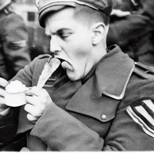 Prompt: Nazi soldier eating ice cream, realistic, 1944, swastika removed