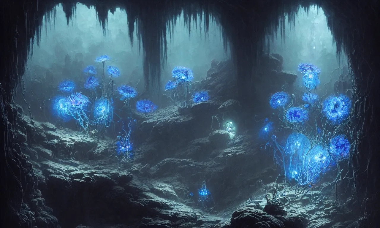 Image similar to artstation photo of a dark blue bioluminescent eldritch flower growing in a dark cave, morbid colorful, hyperdetailed, artstation trending, world renowned artists, flower artworks society, floral renewal, cgsociety, by greg rutkowski, by Gustave Dore, Deviantart