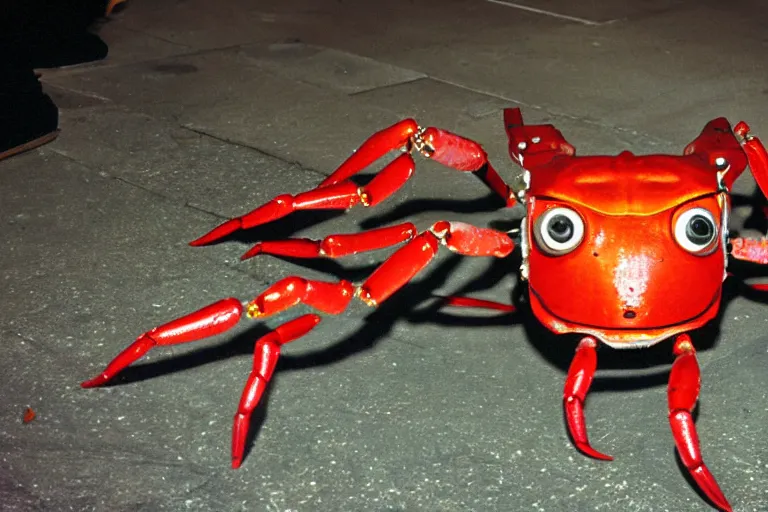 Image similar to a cute crab robot, in 2 0 0 2, at a mall, street style, crabcore, low - light photograph, photography by tyler mitchell