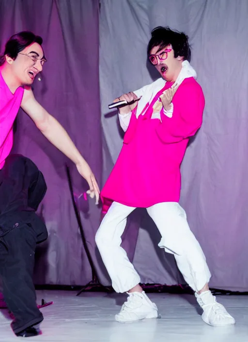 Image similar to joji singing in an scenario while filthy frank dances next to him in a pink outfit