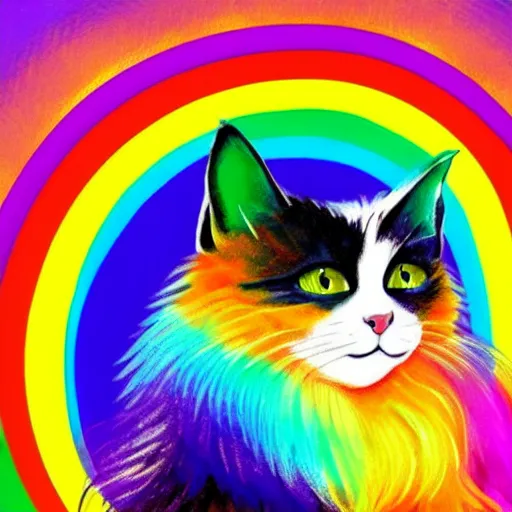 Image similar to portrait friendly cute happy stylish realistic rainbow cat. background in the style of art nouveau. lively. colorful. hd.