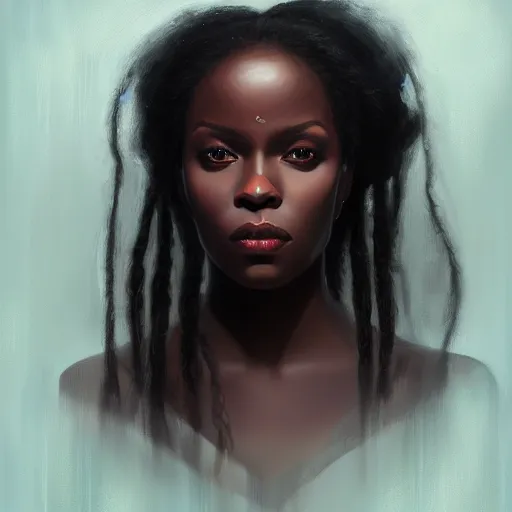 Prompt: a detailed matte oil on canvas head on symmetrical portrait of black skinned woman with long with hair, clothed by charlie bowater, lise deharme, wlop, trending on artstationhd, dungeons and dragons art critical role