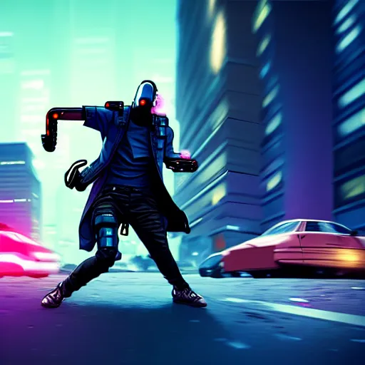 Image similar to cyberpunk dodging a moving car, in the style of greg rutkowski