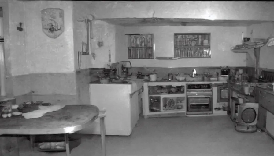 Image similar to a snake in a stalinist style kitchen, by mini dv camera, very very low quality, heavy grain, very blurry, accidental flash, webcam footage, found footage, security cam, caught on trail cam