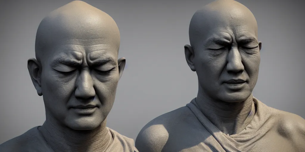 Prompt: hyperrealistic 3 d render of a bust of meditating monk in cyberpunk style, ultra realistic 8 k resolution.