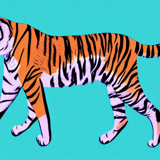 Image similar to tiger walking with backdrop showing the sky, palm tres. the tiger has sharp claws and teeth. in geometric illustration style